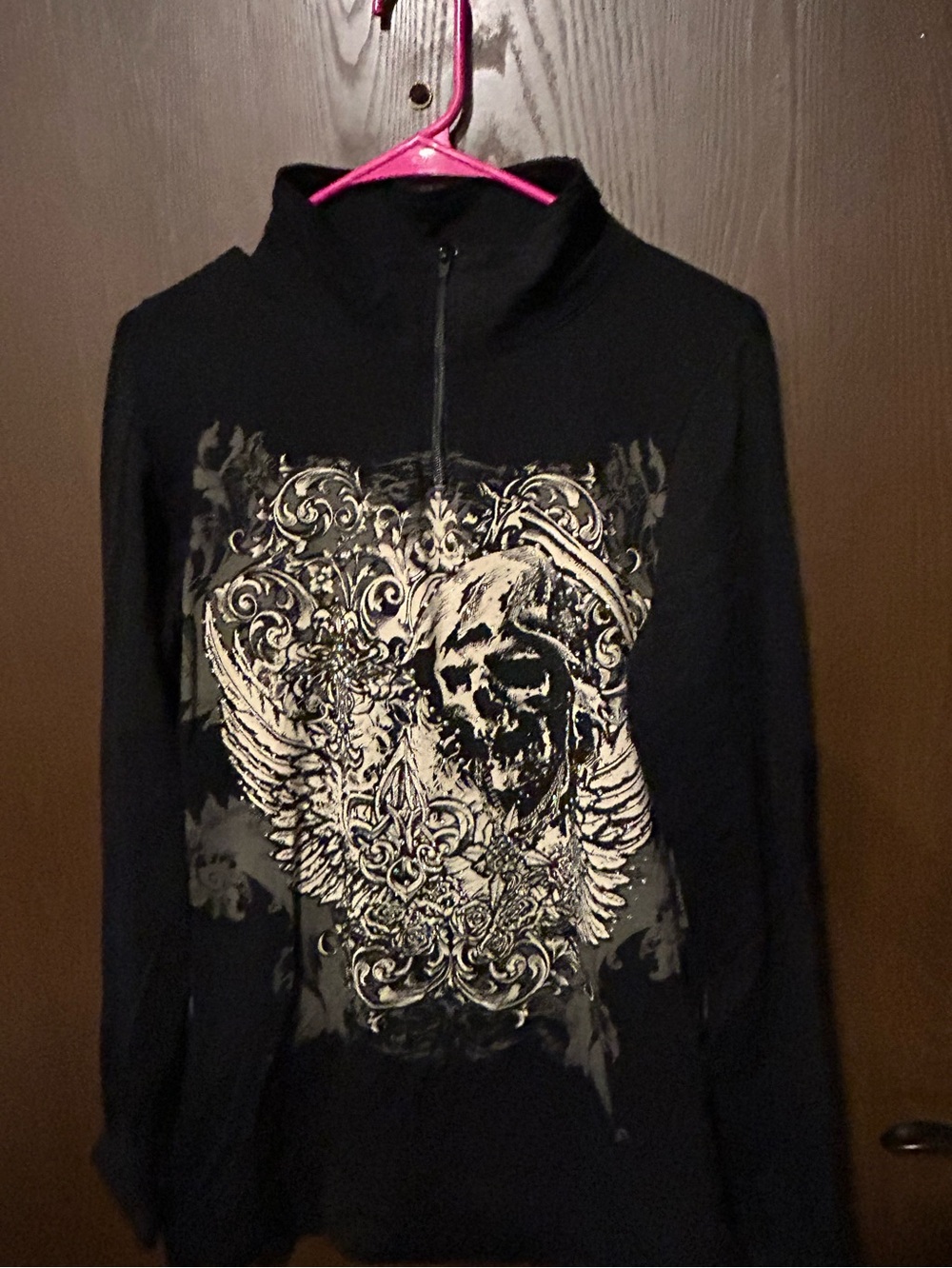 Women’s skull double sided with rhinestones quarter zip black sweater